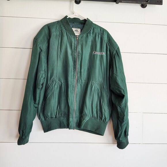 Vintage 1994 GREEDY Movie Promo MCA Universal Bomber Jacket XL Green Silk 90s - Picture 1 of 9